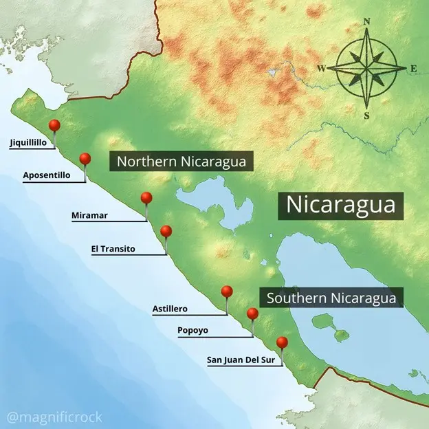 a map showcasing the best surf destinations in Nicaragua