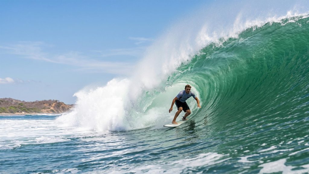 surfer riding a hollow left barrel at Popoyo reef during Nicaragua's swell season