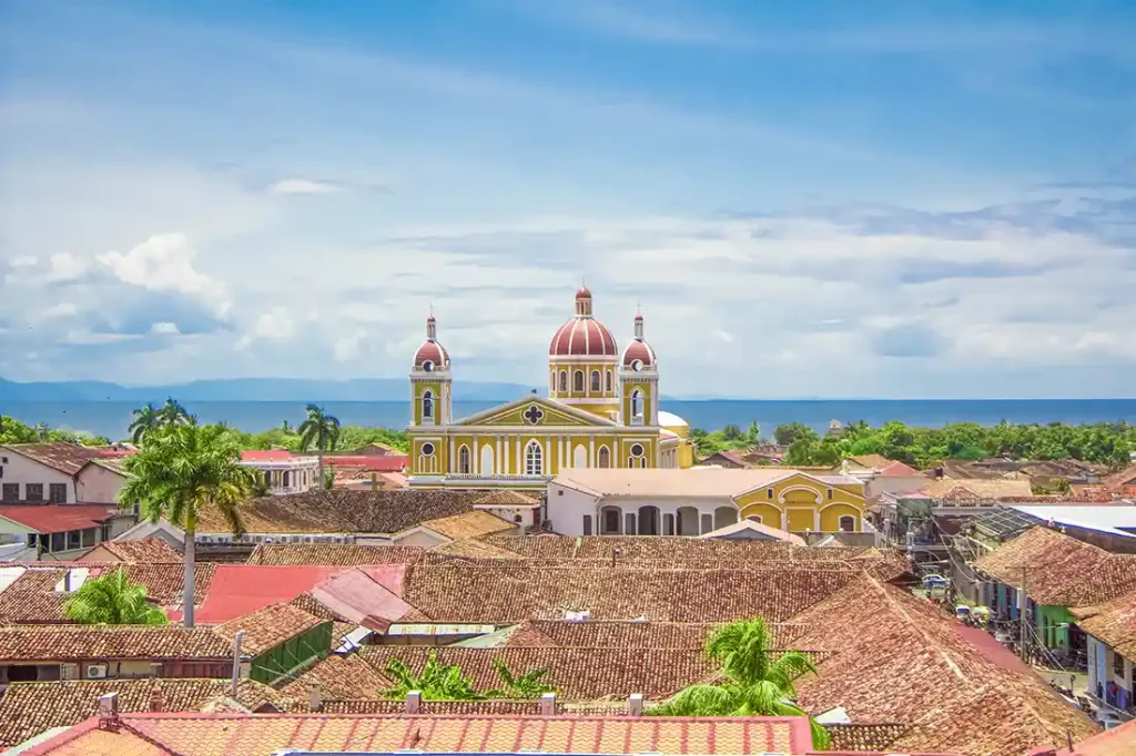 colonial architecture and cathedral on the central park of Granada Nicaragua 