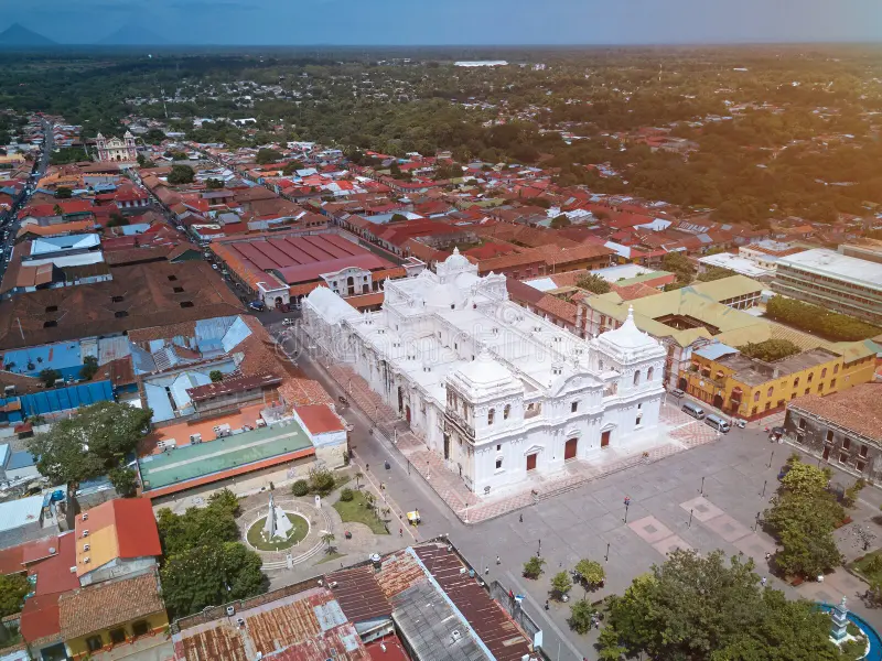 rooftop view from the Cathedral of León Nicaragua across the city and surrounding volcanoes