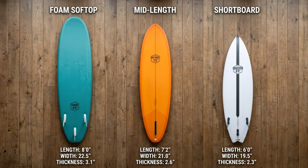 Foam softop mid-length and shortboard comparison showing size and volume differences for surfers at different levels