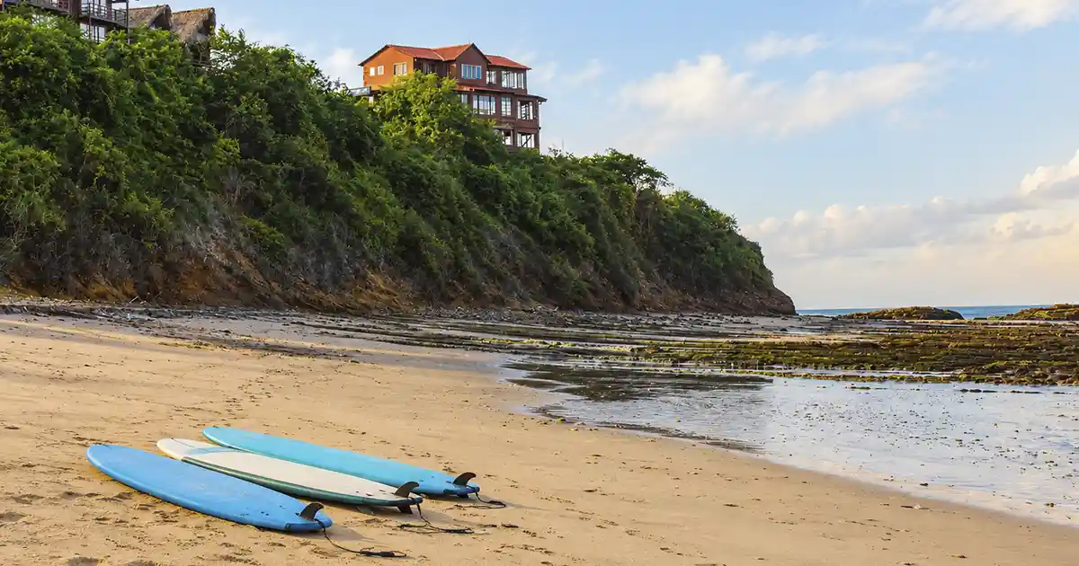 soft-top surfboards lined up for beginner surf lessons in Nicaragua